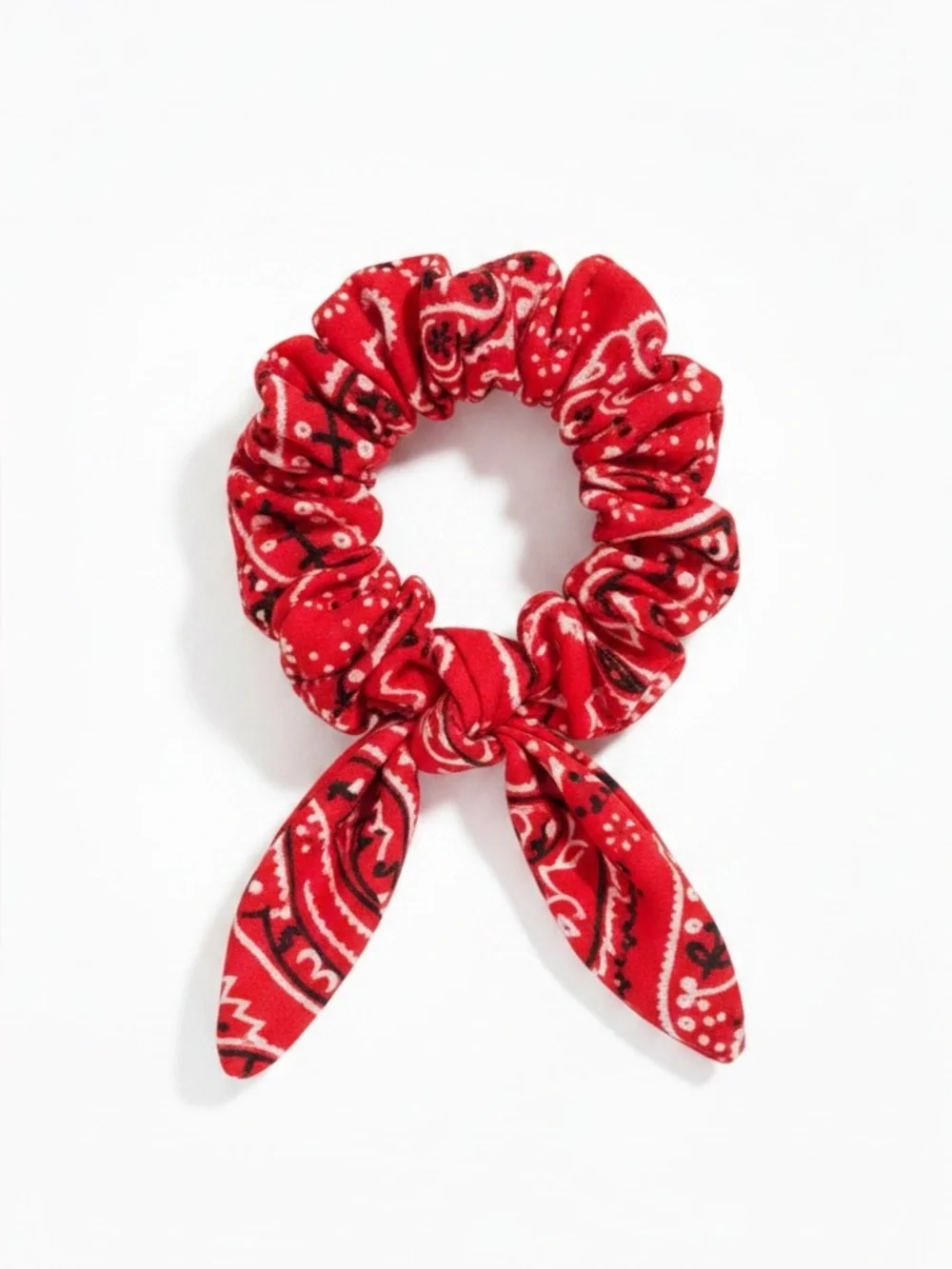 Cherry Red Paisley Bandana Floral Flower Western Wired Trailing Ribbon Scrunchie